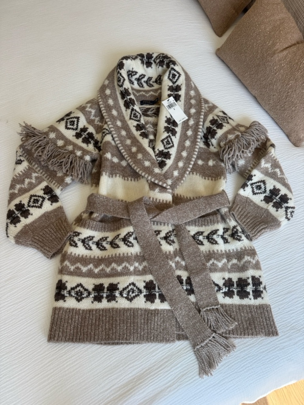 NWT Polo Ralph Lauren Aztec Southwest Wool Cardigan Belted Fringe Sweater S
